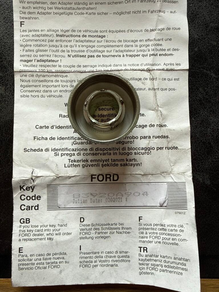 Ford Transit Custom wheel locking nut key replacement