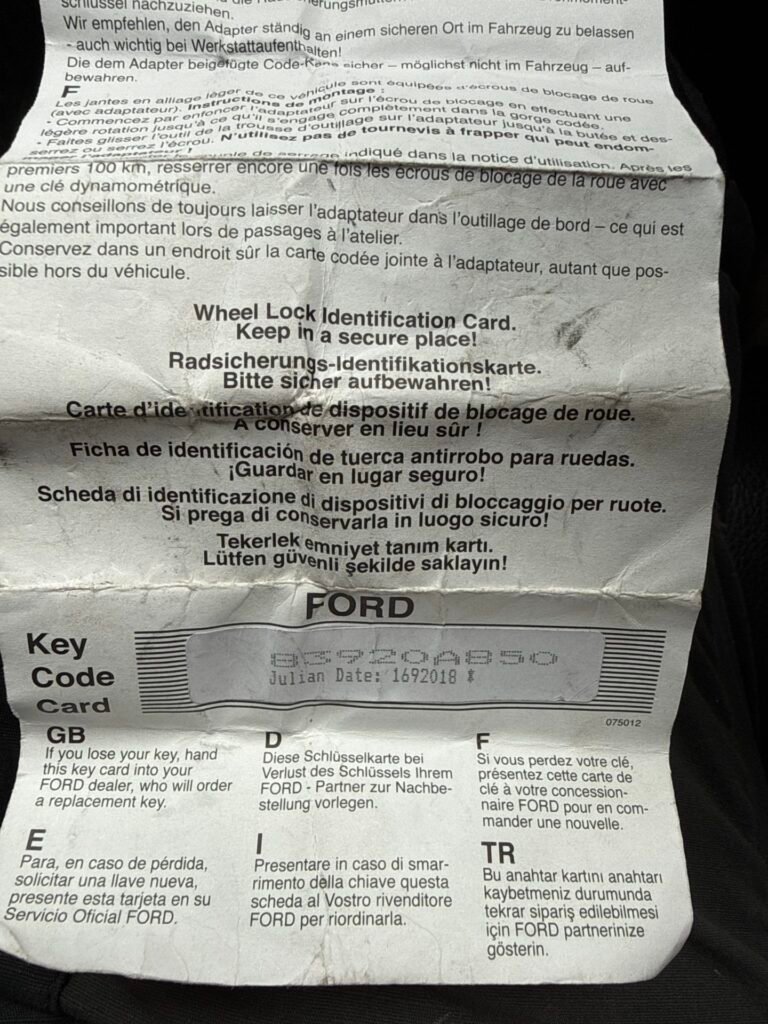 Ford Transit custom wheel locking nut key replacement
